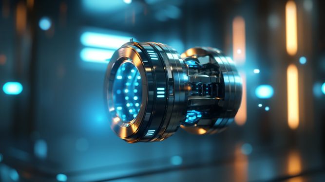 3d rendering of a futuristic, circular metallic device with glowing blue lights in a high-tech corridor.